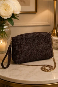 Chain Strap Rectangular Woven Bag Coffee Brown