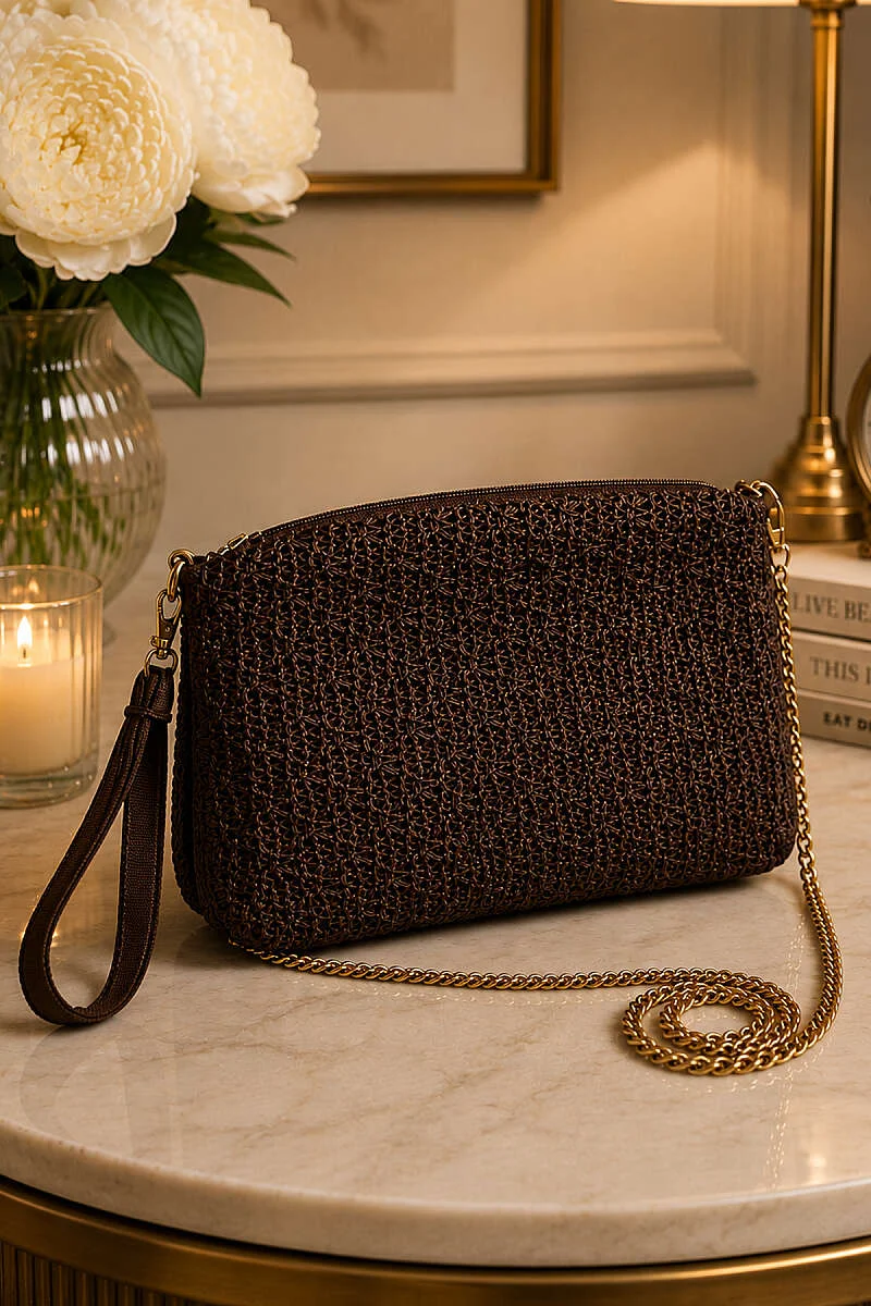 Chain Strap Rectangular Woven Bag Coffee Brown