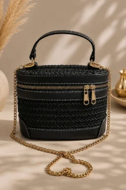 Chain Strap Woven Box Bag Black