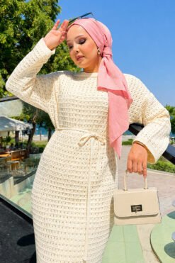 Alternative view of Lace-Patterned Two-Piece Knit Dress with Underlayer Ecru