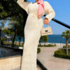 Lace-Patterned Two-Piece Knit Dress with Underlayer Khaki - immagine 5