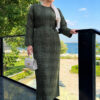 Lace-Patterned Two-Piece Knit Dress with Underlayer Khaki - immagine 4