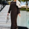 Lace-Patterned Two-Piece Knit Dress with Underlayer Brown - Image 2