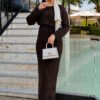 Lace-Patterned Two-Piece Knit Dress with Underlayer Brown