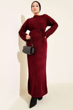 Alternative view of Openwork Belted Knit Dress Burgundy