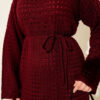 ⁦Openwork Belted Knit Dress Burgundy⁩ - الصورة ⁦4⁩