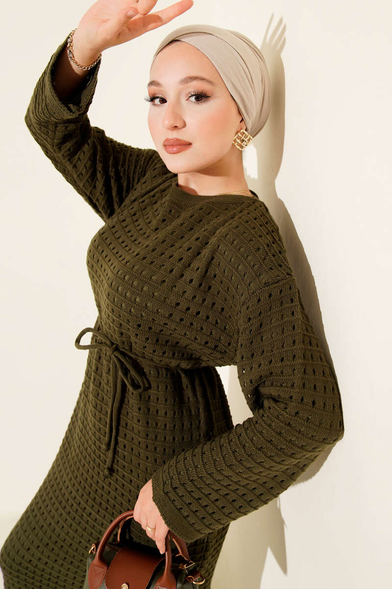 Openwork Belted Knit Dress Khaki