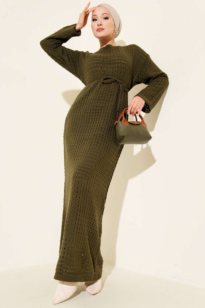 Openwork Belted Knit Dress Khaki - الصورة 2
