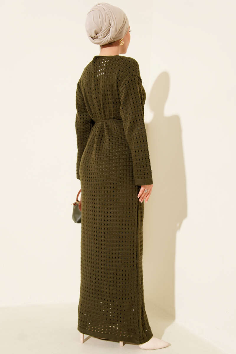 Openwork Belted Knit Dress Khaki - الصورة 3