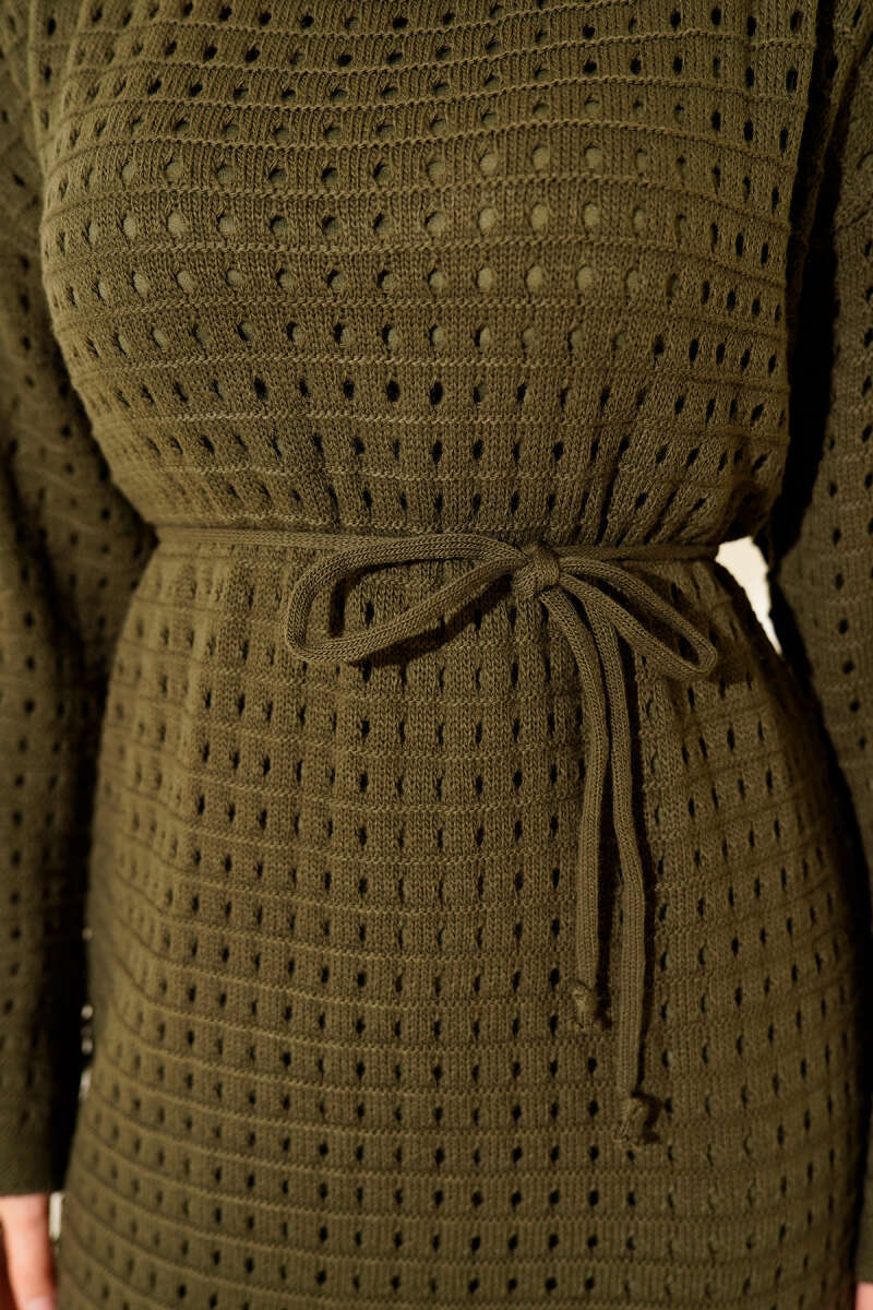 Openwork Belted Knit Dress Khaki - الصورة 4