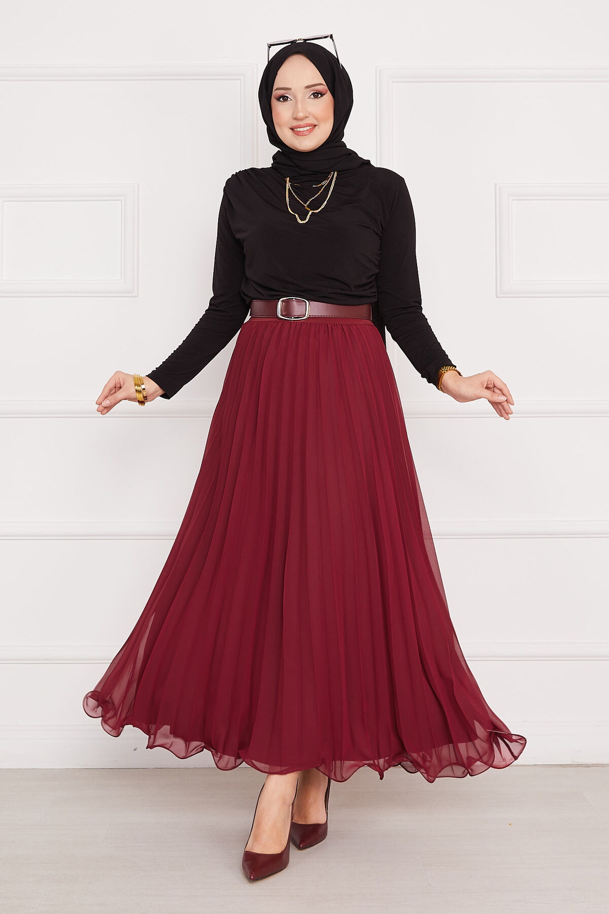 Pleated Modest Skirt with Ruffled Hem Edge Burgundy
