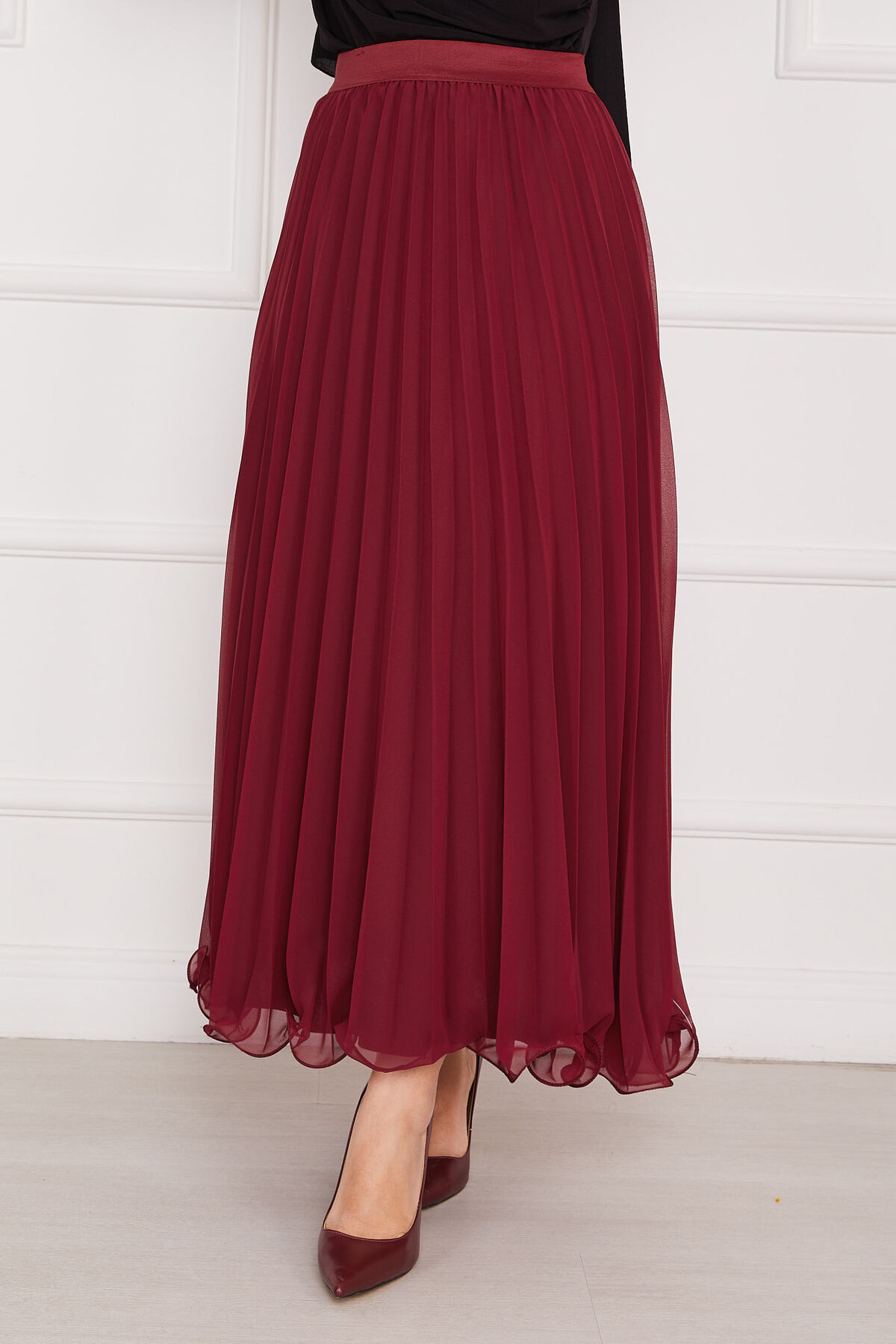 Pleated Modest Skirt with Ruffled Hem Edge Burgundy - immagine 3