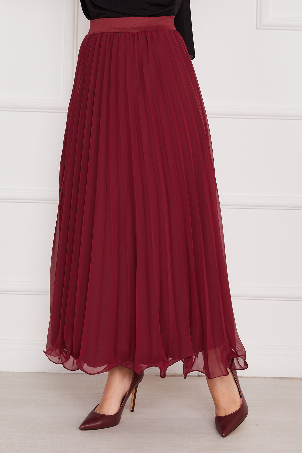 Pleated Modest Skirt with Ruffled Hem Edge Burgundy - immagine 2