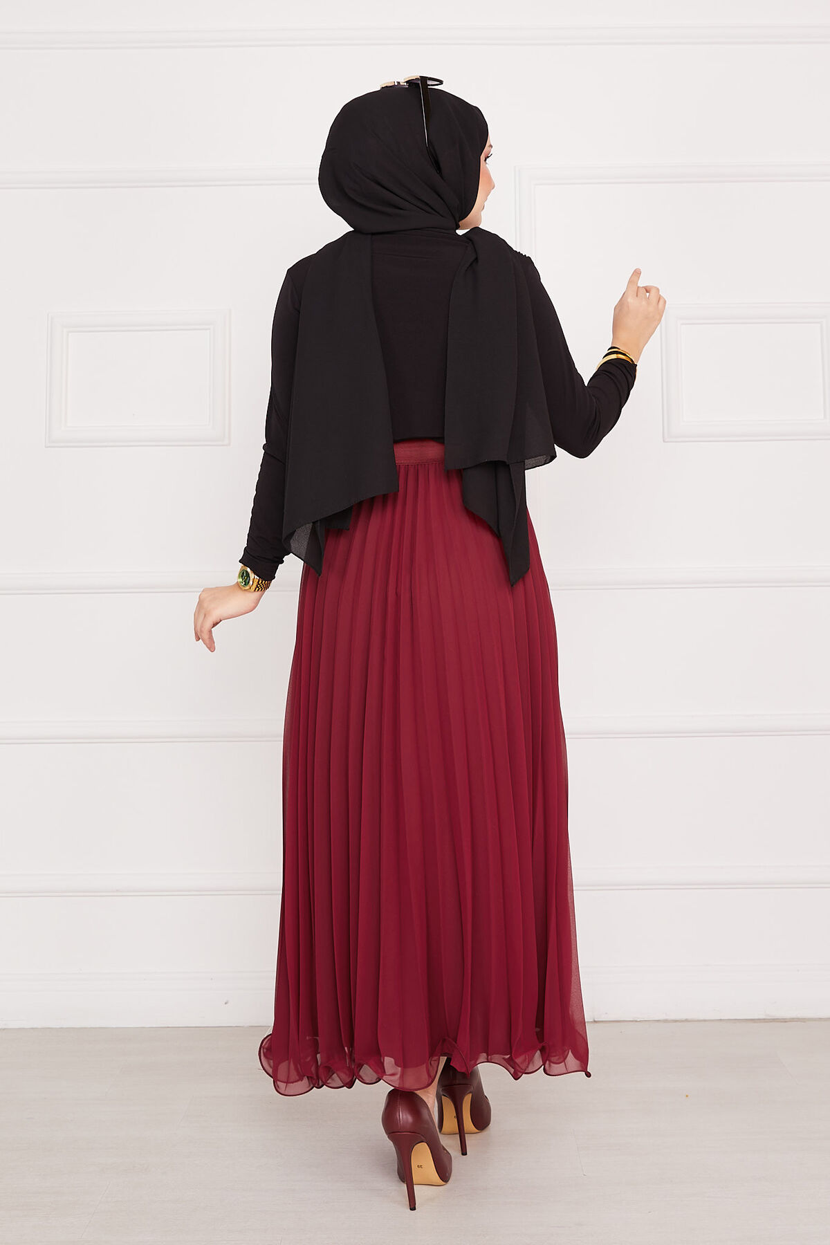 Pleated Modest Skirt with Ruffled Hem Edge Burgundy - immagine 4