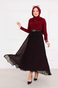 Pleated Modest Skirt with Ruffled Hem Edge Brown