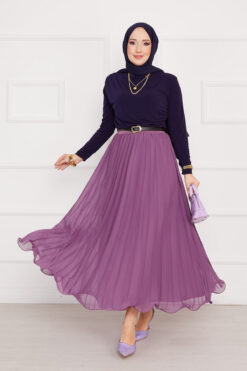 Pleated Modest Skirt with Ruffled Hem Edge Lilac