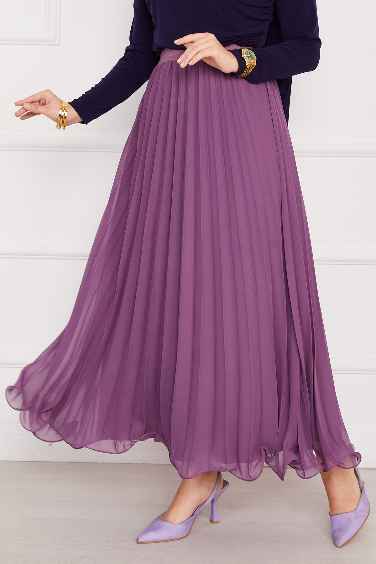 Pleated Modest Skirt with Ruffled Hem Edge Lilac - Imagen 2