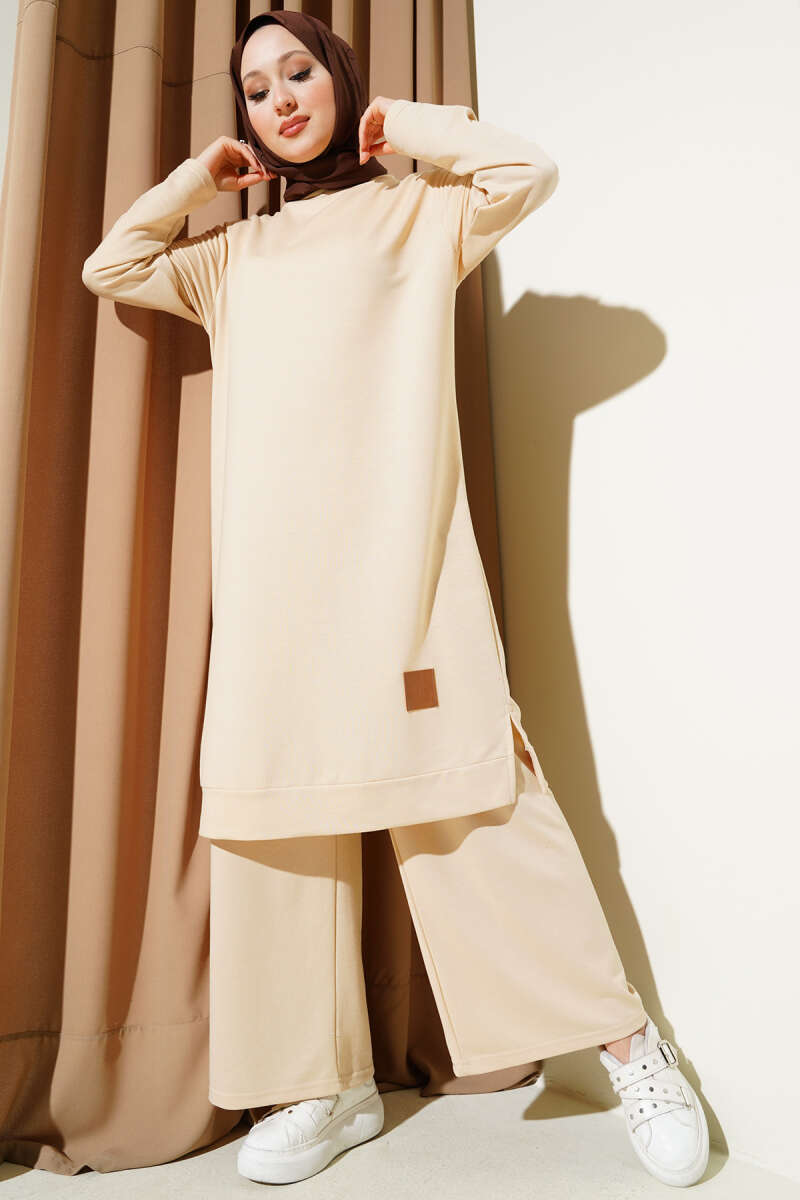 Embroidered Wide Leg Two-Piece Set Sand Beige