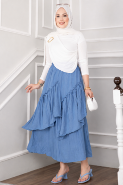 Asymmetrical Tiered Ruffled Hem Edge Skirt Indigo