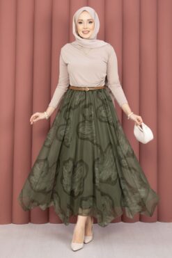 Asymmetrical Cut Printed Tulle Skirt Khaki