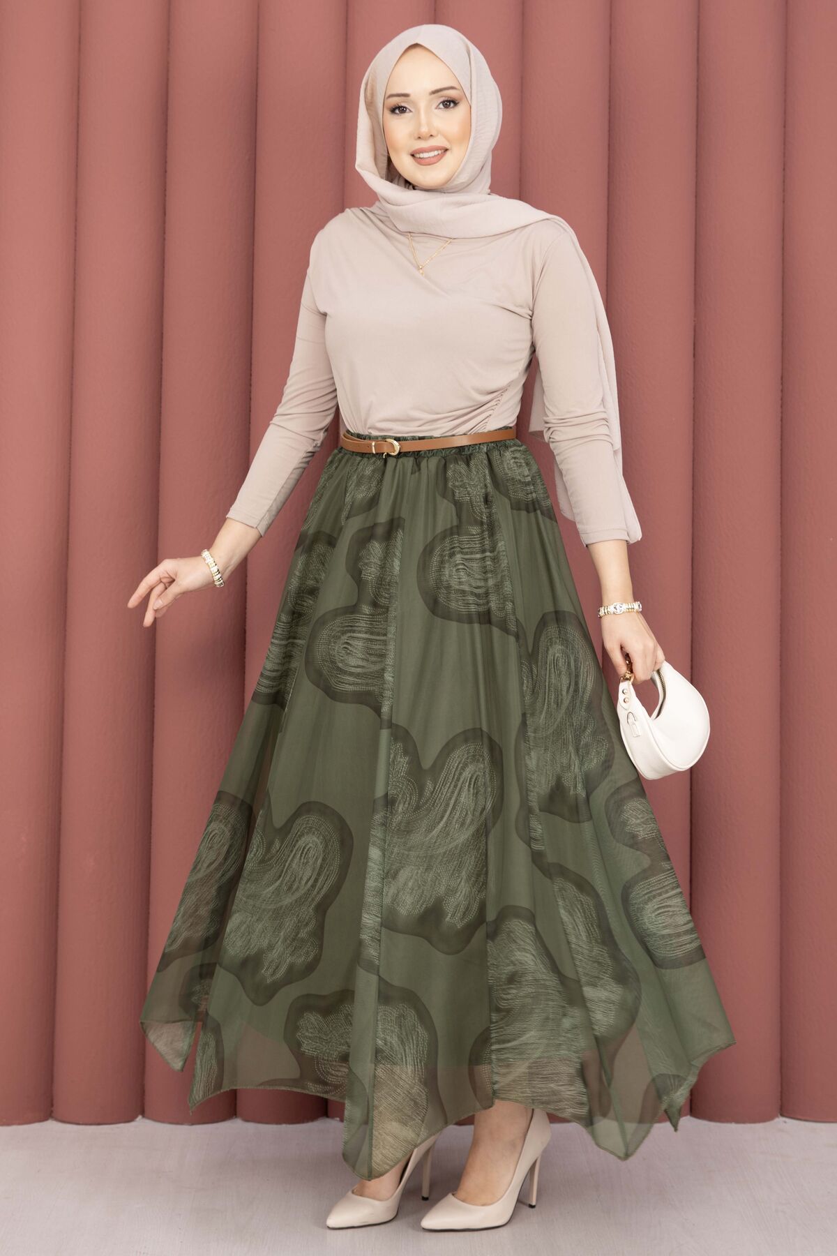 Asymmetrical Cut Printed Tulle Skirt Khaki - immagine 3