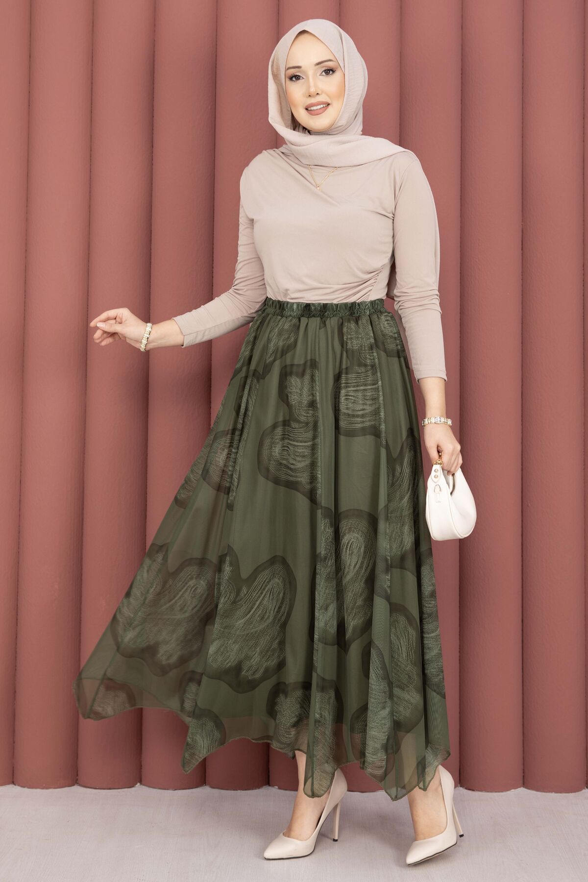 Asymmetrical Cut Printed Tulle Skirt Khaki - immagine 4