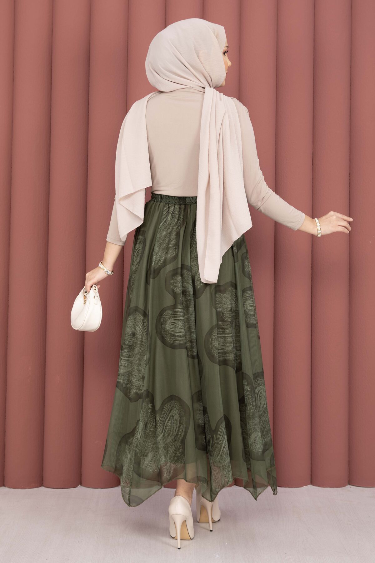 Asymmetrical Cut Printed Tulle Skirt Khaki - immagine 5