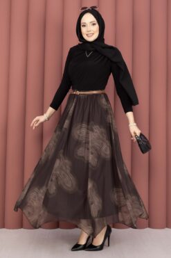 Asymmetrical Cut Printed Tulle Skirt Brown