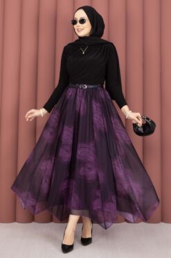 Asymmetrical Cut Printed Tulle Skirt Plum