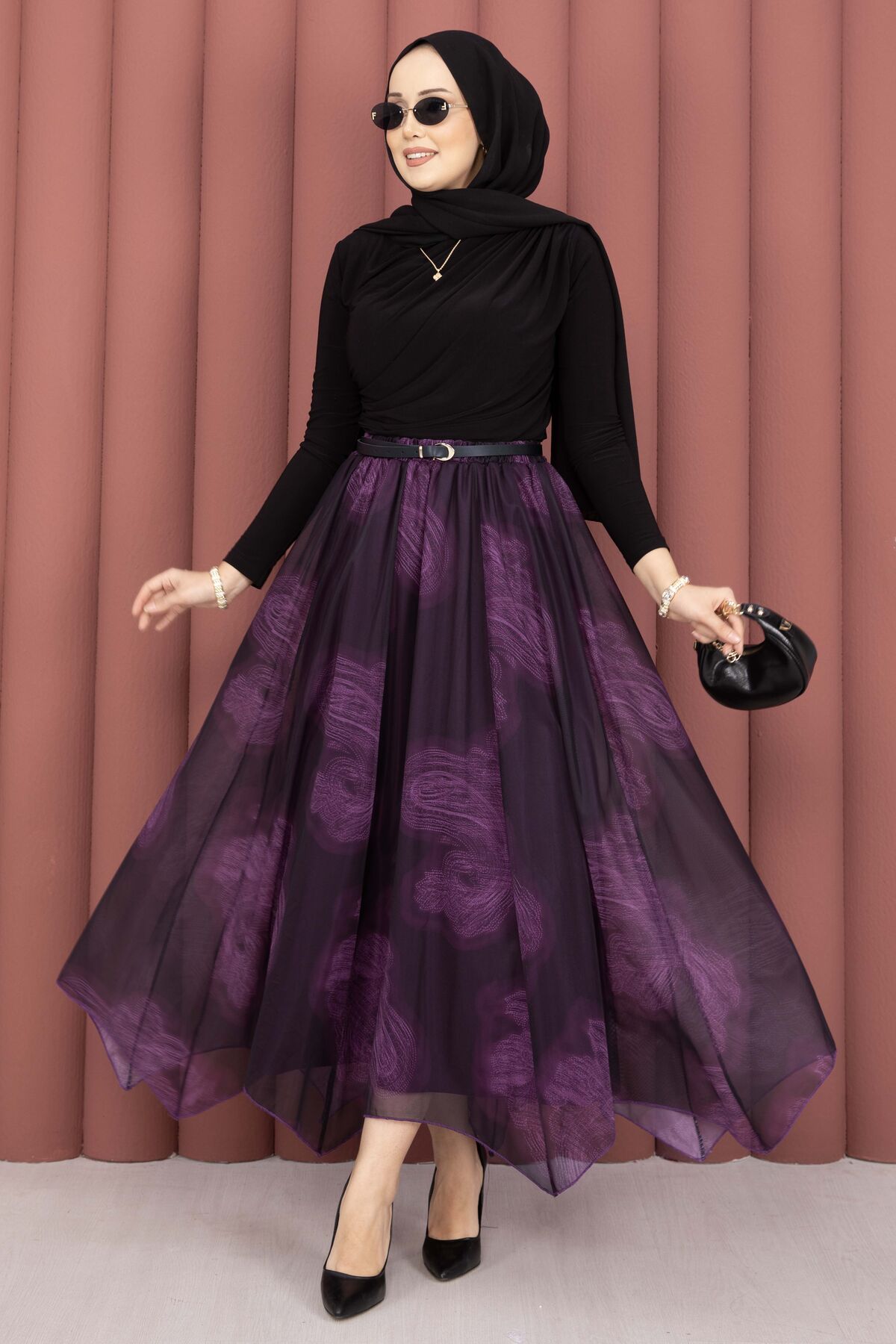 Asymmetrical Cut Printed Tulle Skirt Plum