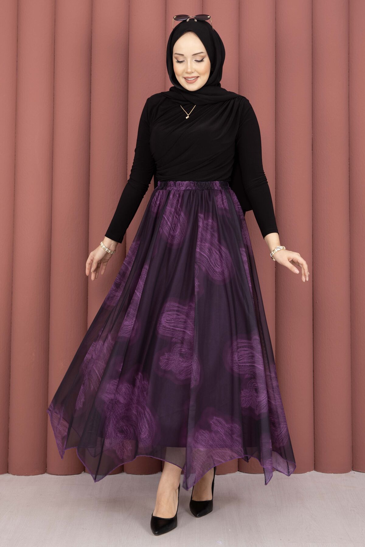 Asymmetrical Cut Printed Tulle Skirt Plum – Image 3