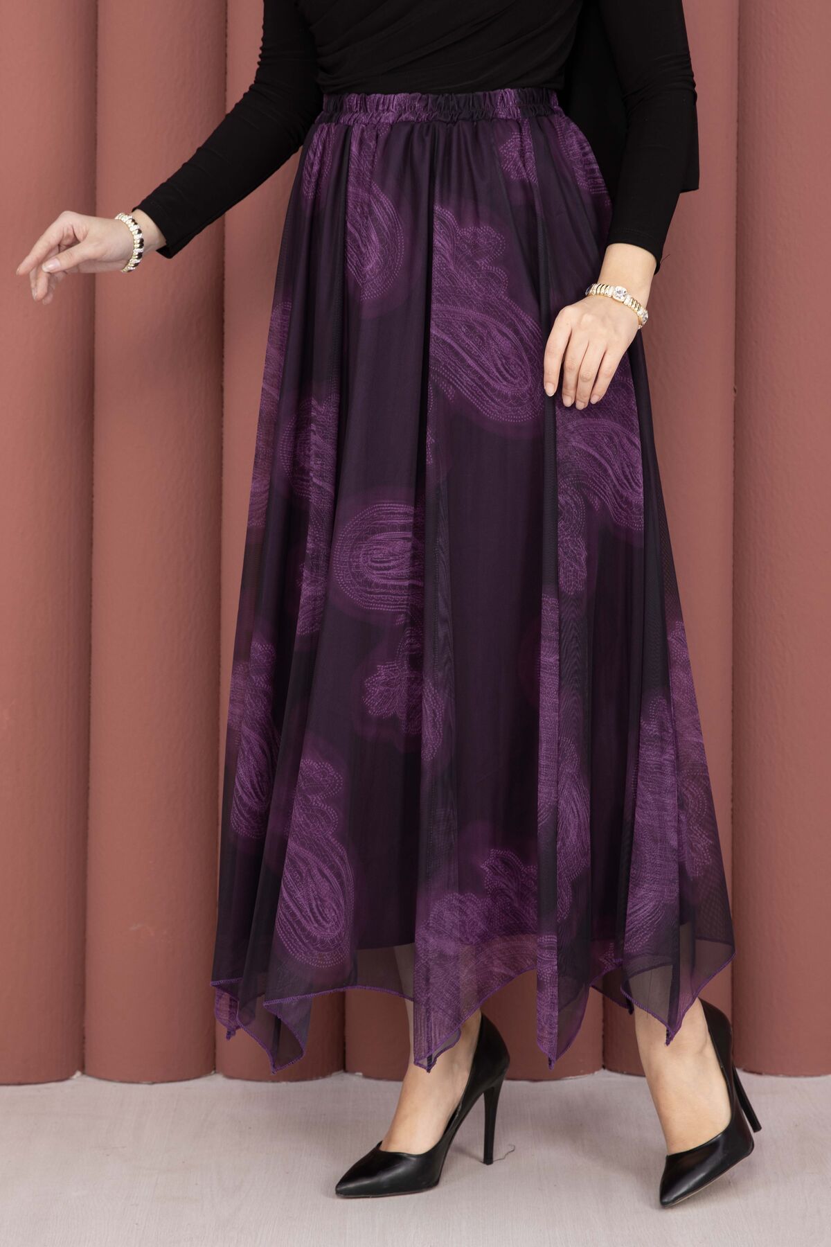 Asymmetrical Cut Printed Tulle Skirt Plum – Image 2