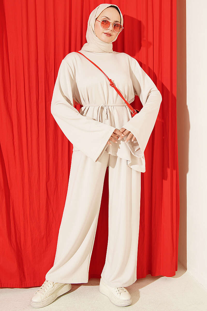 Asymmetrical Cut French Terry Two-Piece Set with Drawstring Beige