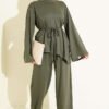 Asymmetrical Cut French Terry Two-Piece Set with Drawstring Khaki