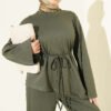 Asymmetrical Cut French Terry Two-Piece Set with Drawstring Khaki – Image 2