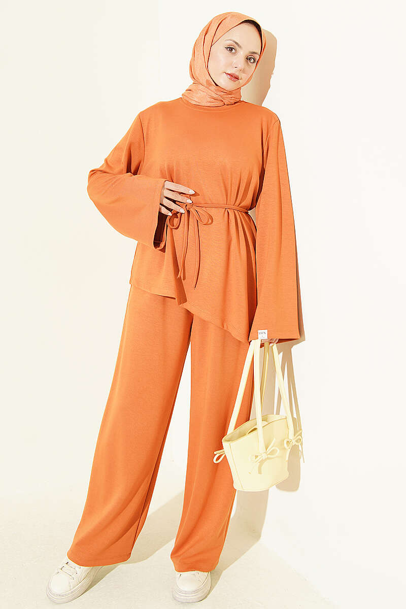 Asymmetrical Cut French Terry Two-Piece Set with Drawstring Orange