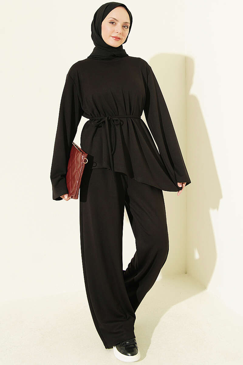 Asymmetrical Cut French Terry Two-Piece Set with Drawstring Black