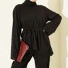 Asymmetrical Cut French Terry Two-Piece Set with Drawstring Black - Imagen 2