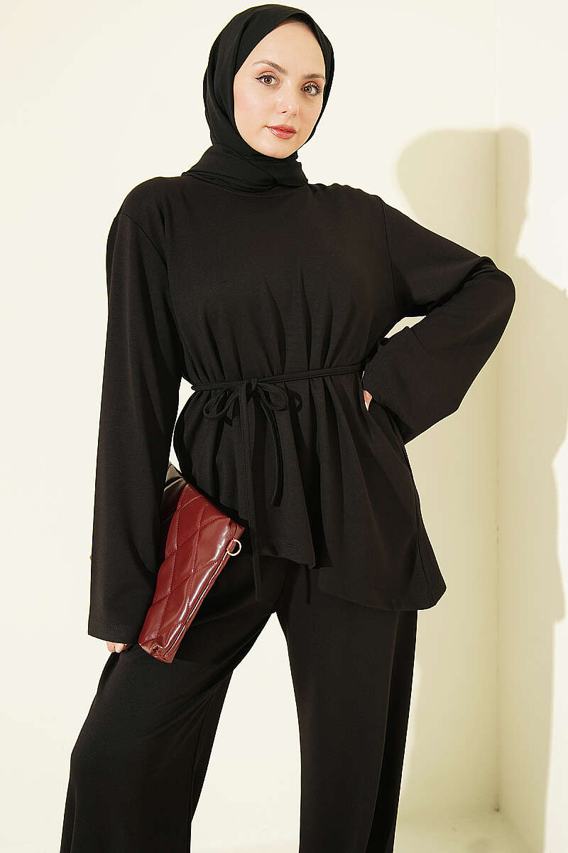 Asymmetrical Cut French Terry Two-Piece Set with Drawstring Black - Imagen 2