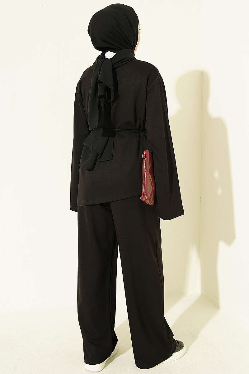 Asymmetrical Cut French Terry Two-Piece Set with Drawstring Black - Imagen 3