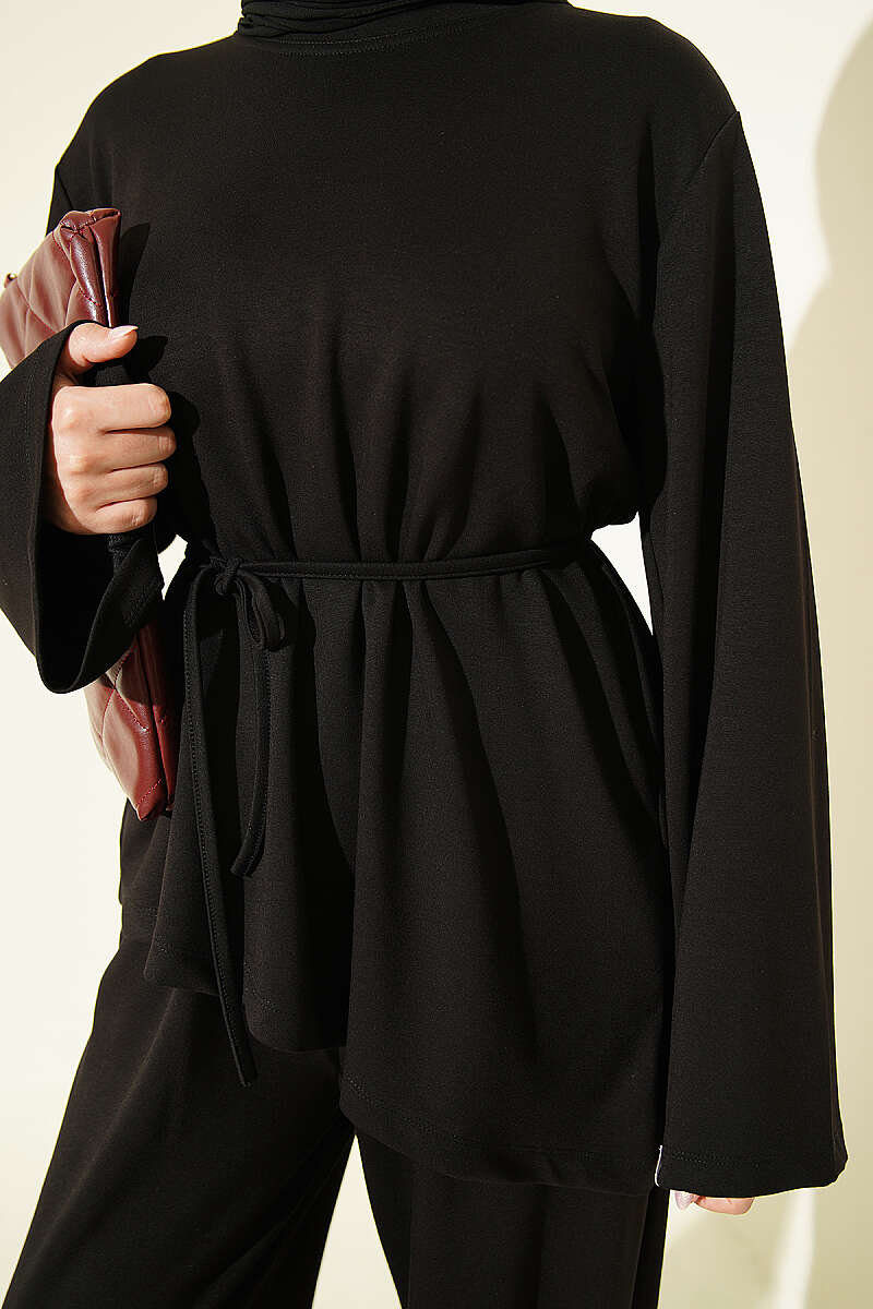 Asymmetrical Cut French Terry Two-Piece Set with Drawstring Black - Imagen 4