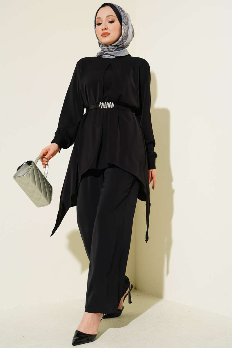 Chain-Detailed Zip-Up French Terry Two-Piece Set Black - immagine 5