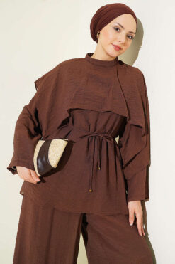 Alternative view of Asymmetrical Shoulder Cloak Two-Piece Set Brown