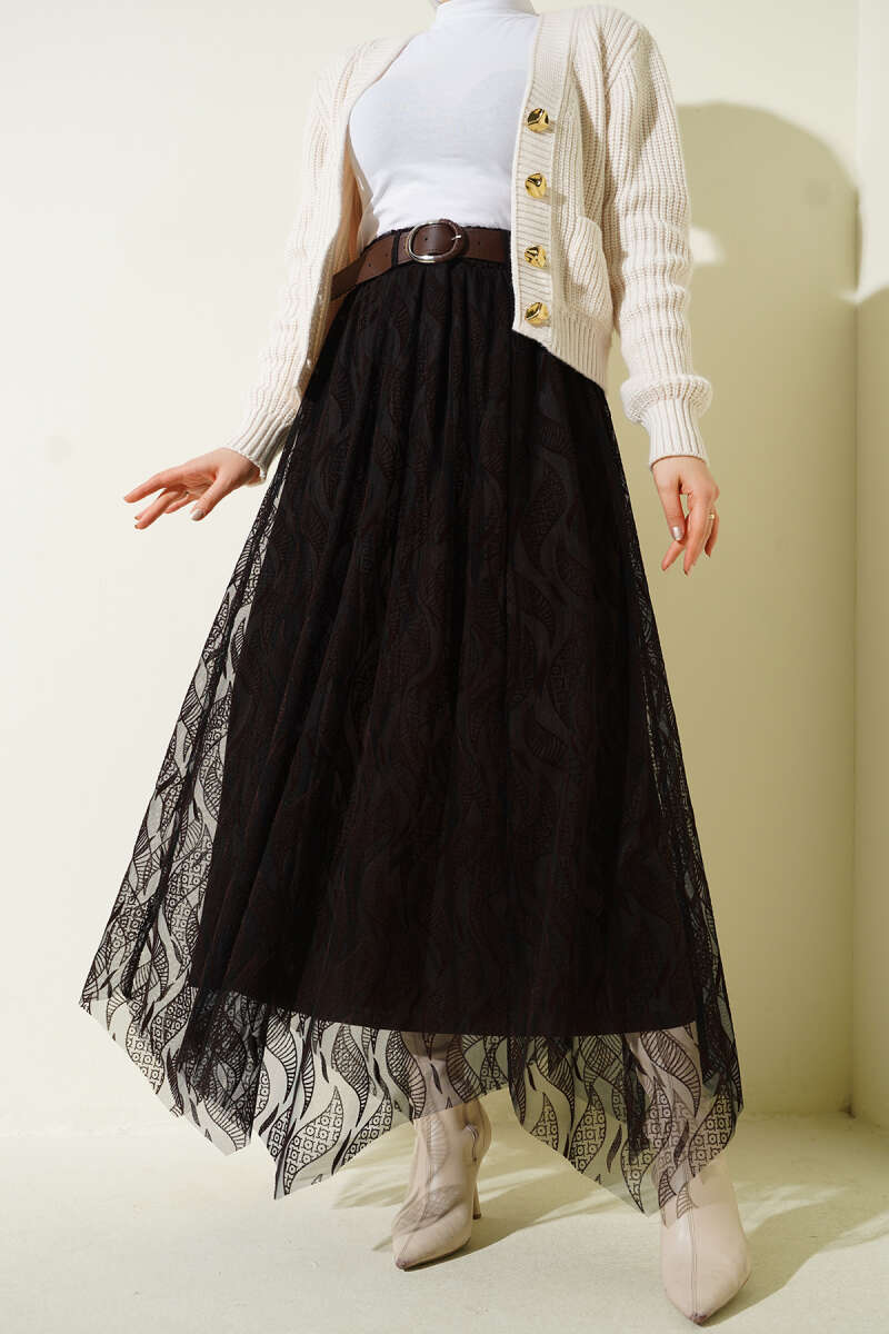Floral Pattern Tulle Belted Skirt Dark Brown