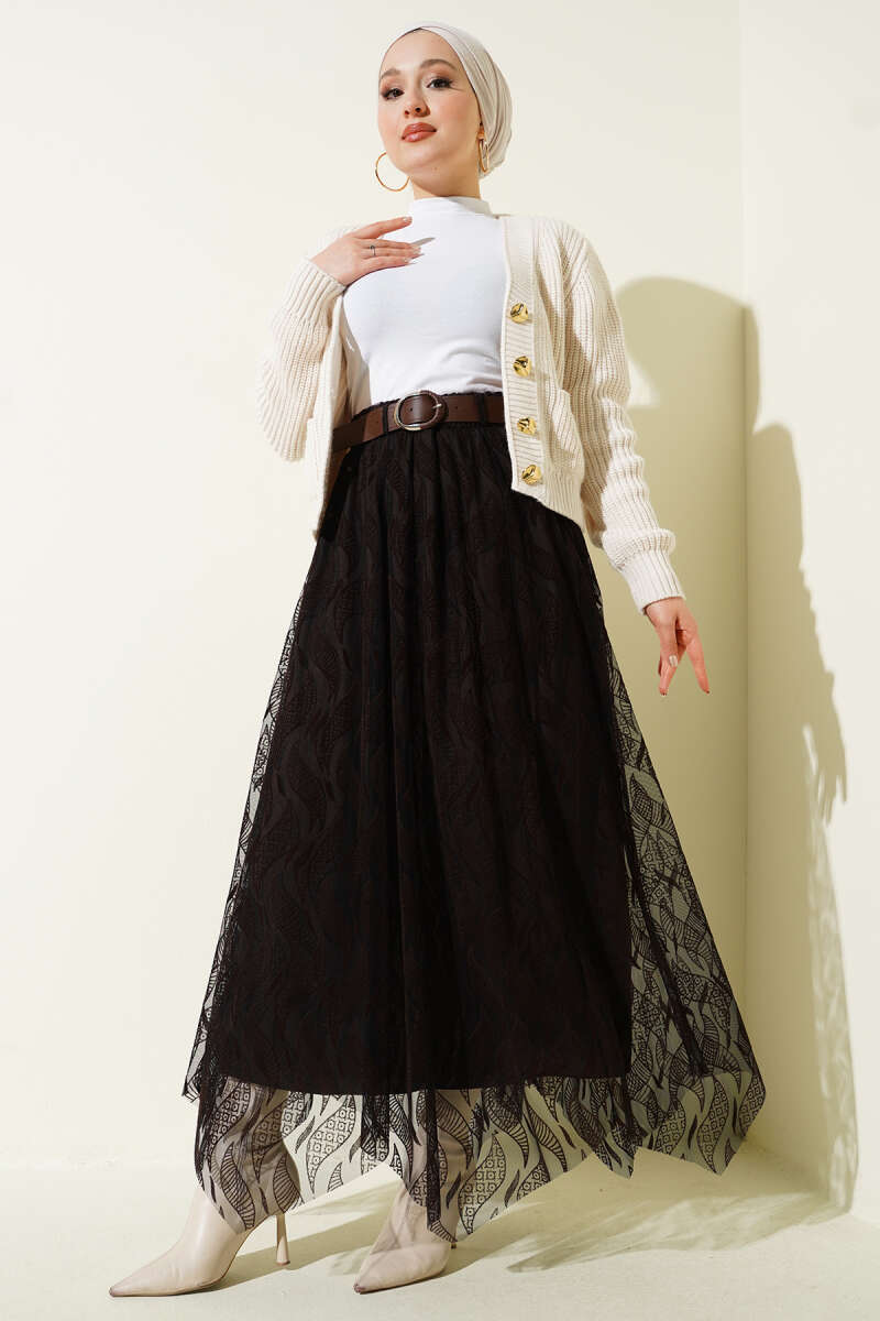 Floral Pattern Tulle Belted Skirt Dark Brown - immagine 2