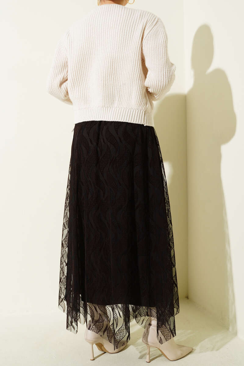 Floral Pattern Tulle Belted Skirt Dark Brown - immagine 3