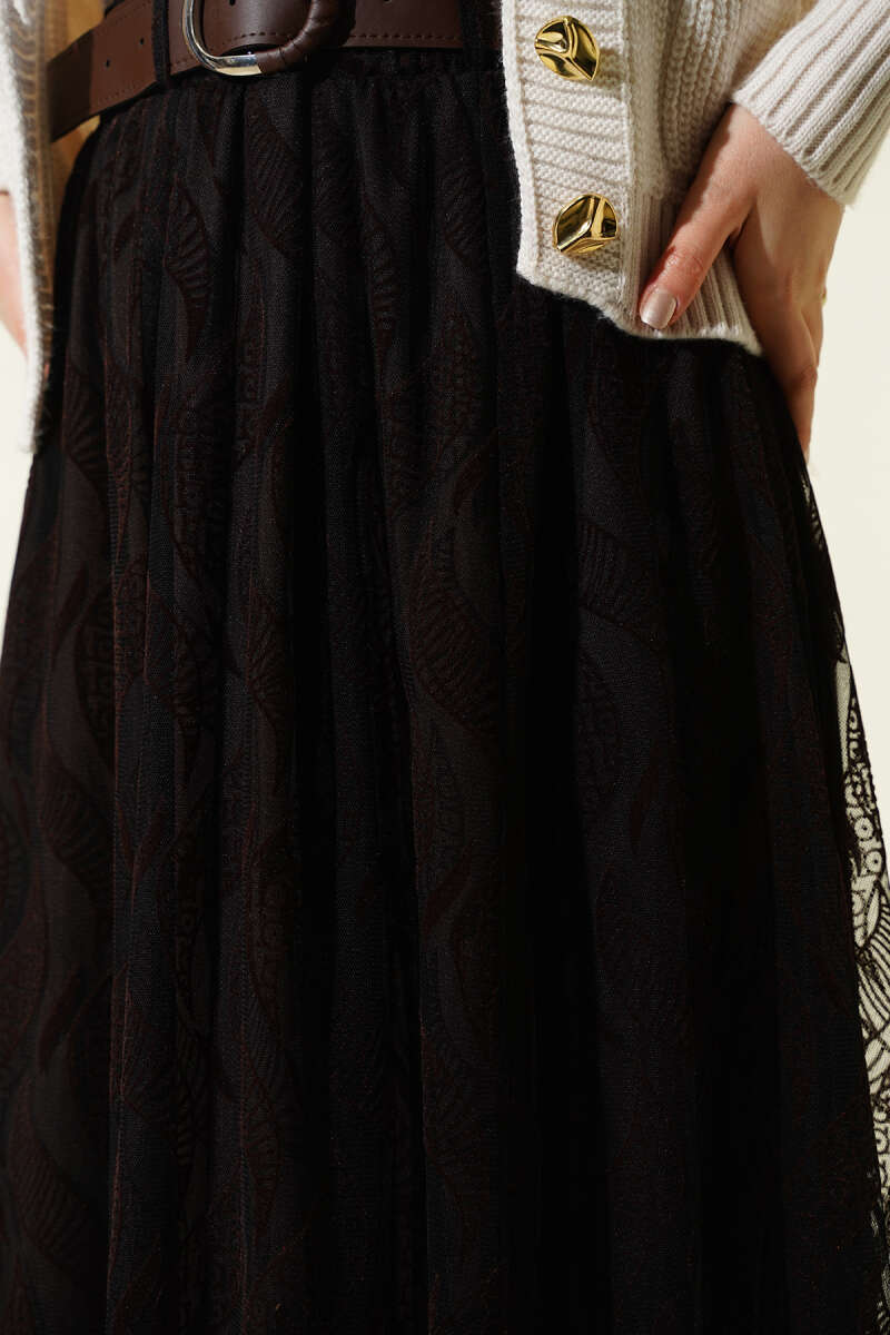 Floral Pattern Tulle Belted Skirt Dark Brown - immagine 4