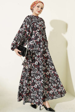Tie-Front Round Patterned Dress Black