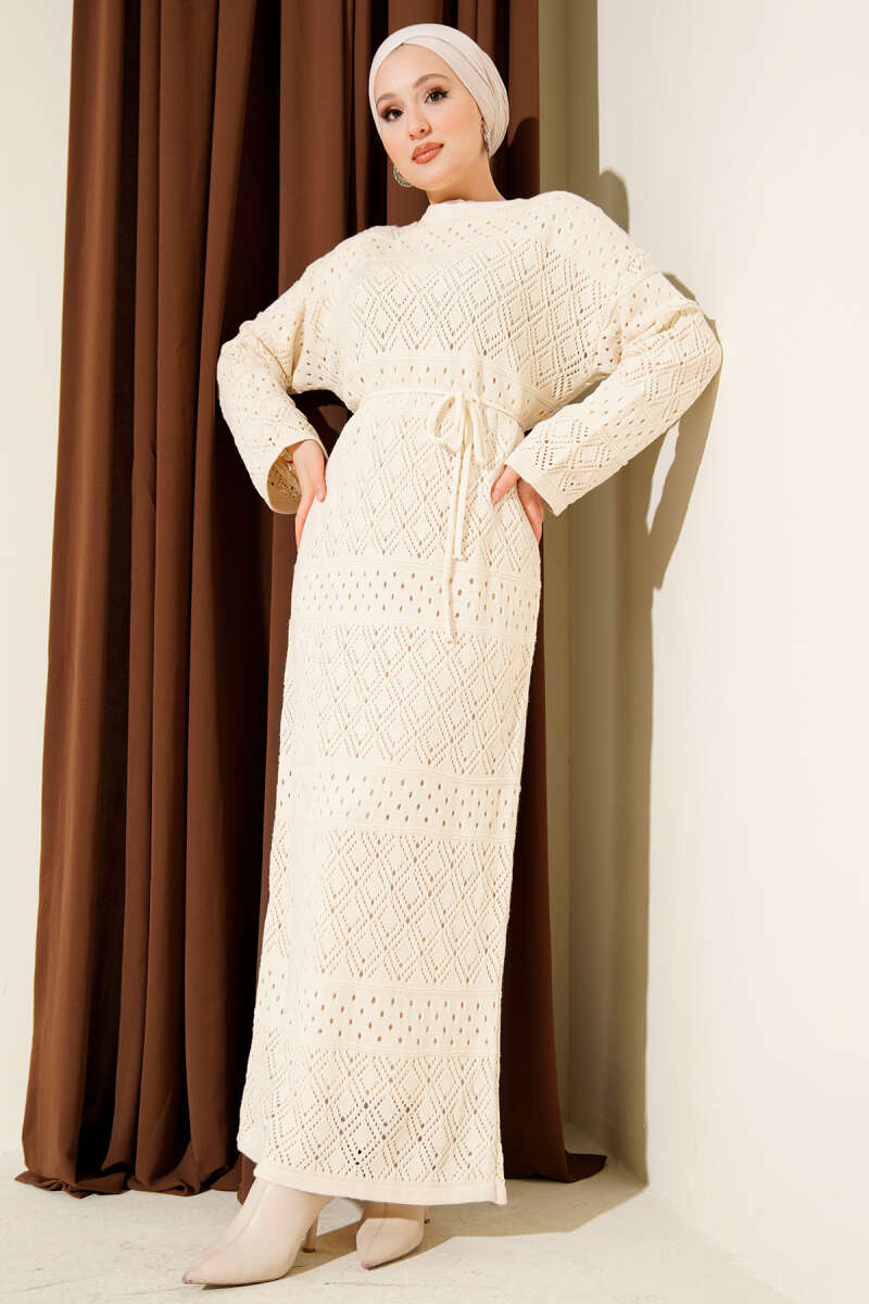 Diamond Pattern Openwork Knit Dress Beige - Imagen 2