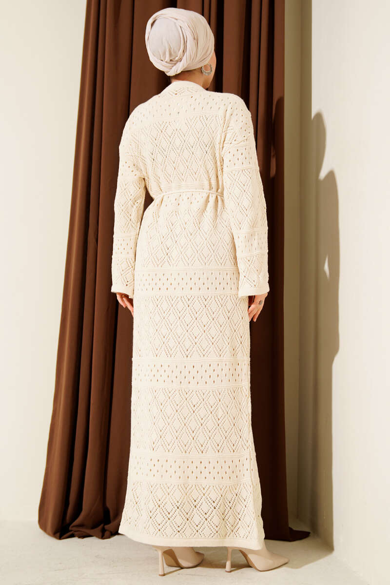 Diamond Pattern Openwork Knit Dress Beige - Imagen 3